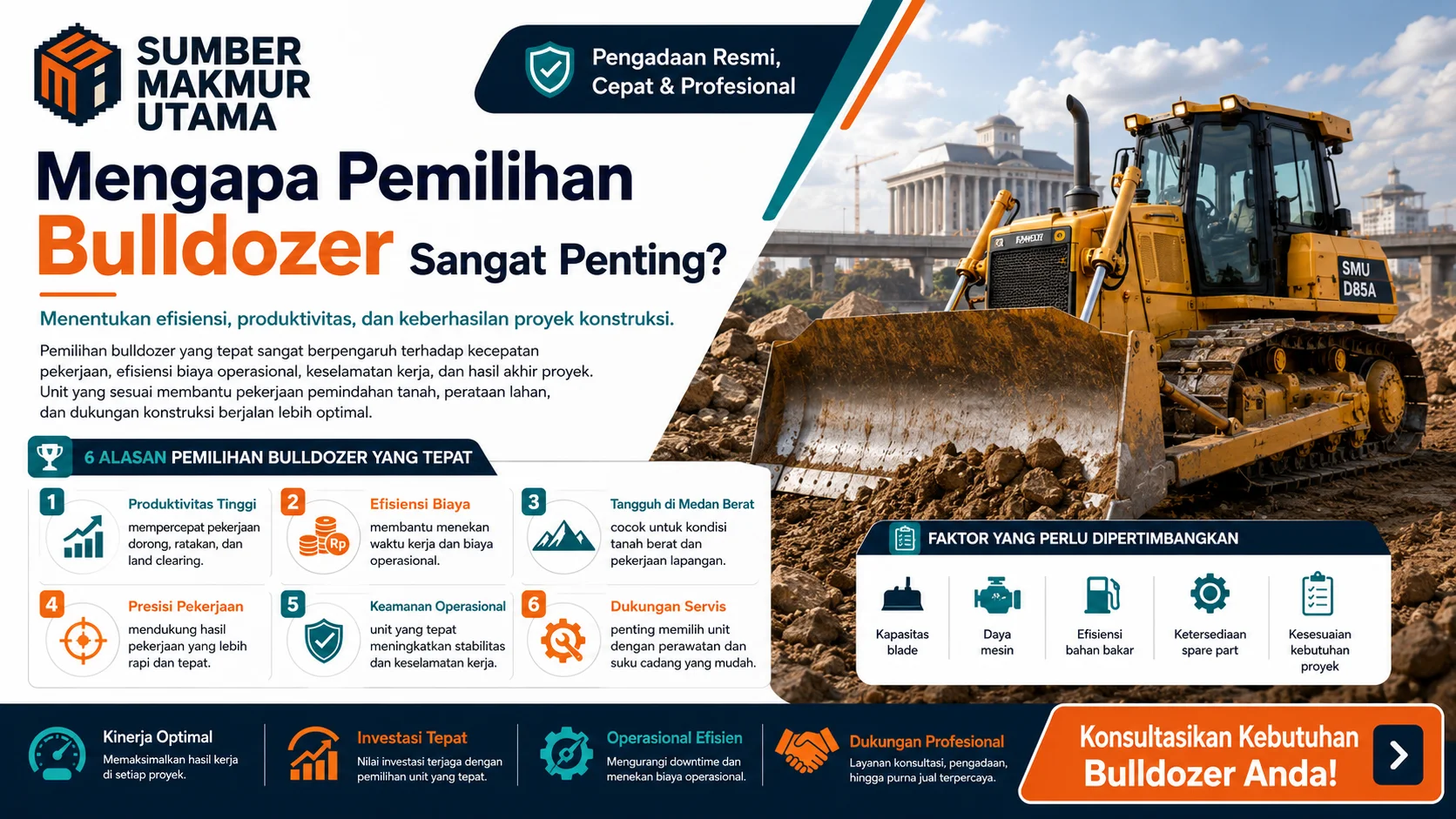 Rekomendasi alat berat bulldozer berdasarkan kebutuhan proyek, menampilkan crawler bulldozer, swamp bulldozer, wheel bulldozer, dan mini bulldozer untuk berbagai medan kerja.