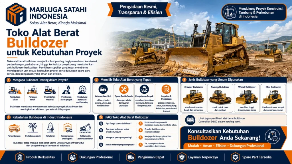Toko alat berat bulldozer untuk kebutuhan proyek konstruksi, pertambangan, perkebunan, dan pembukaan lahan dengan dukungan Marluga Satahi Indonesia.
