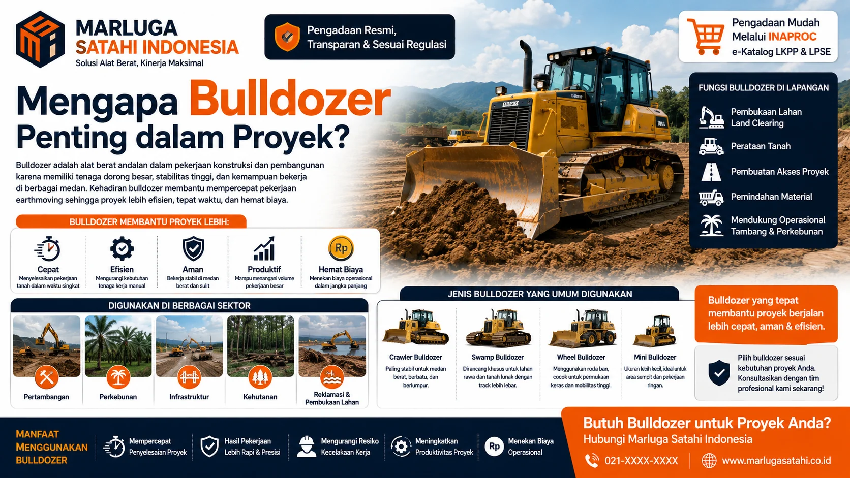 Toko alat berat bulldozer dengan layanan pengadaan resmi, dukungan spare part, servis, pengiriman cepat, dan konsultasi kebutuhan unit proyek.