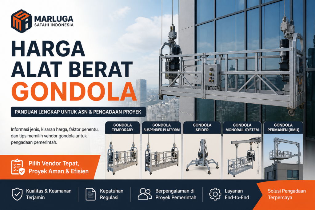 Harga alat berat gondola untuk proyek konstruksi dan pemerintah dengan ilustrasi platform gondola dan logo PT Marluga Satahi Indonesia.