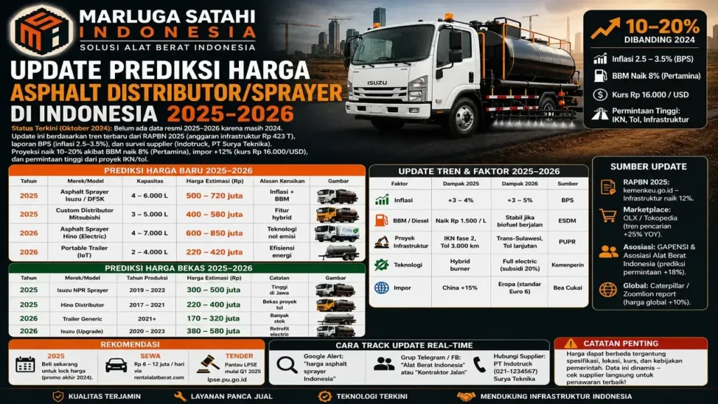 Prediksi harga asphalt distributor/sprayer Indonesia 2025-2026 terbaru Marluga Satahi Indonesia lengkap dengan estimasi harga alat baru dan bekas, tren proyek infrastruktur, inflasi, serta teknologi alat berat jalan