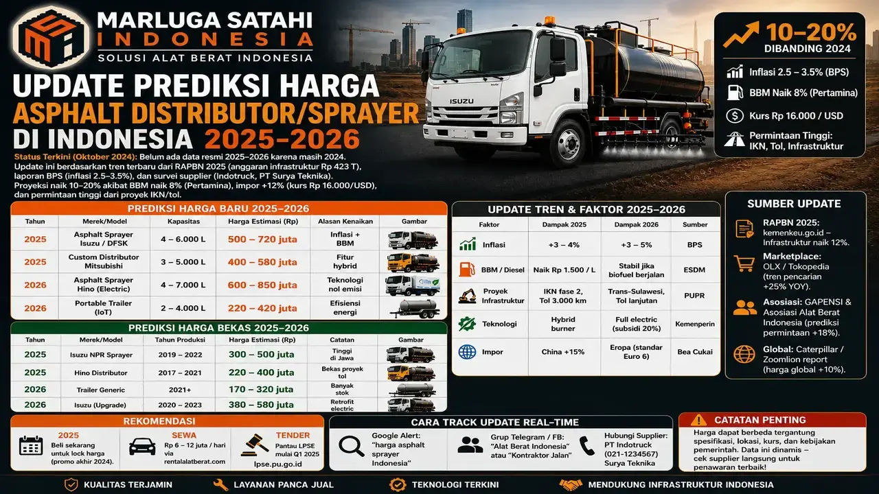 Prediksi harga asphalt distributor/sprayer Indonesia 2025-2026 terbaru Marluga Satahi Indonesia lengkap dengan estimasi harga alat baru dan bekas, tren proyek infrastruktur, inflasi, serta teknologi alat berat jalan