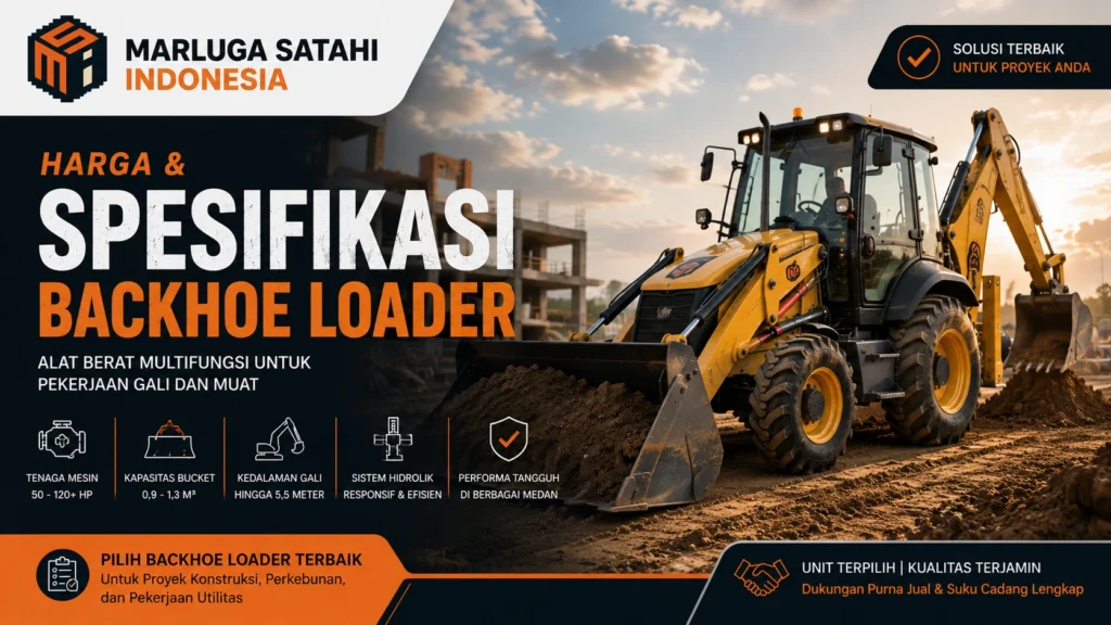 Harga dan spesifikasi backhoe loader untuk proyek konstruksi, perkebunan, dan pekerjaan gali muat dengan alat berat multifungsi berkualitas di Indonesia.