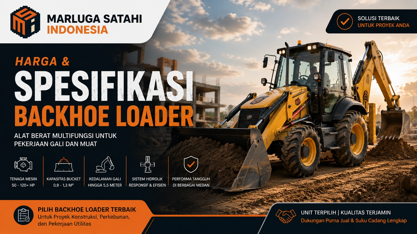 Harga dan spesifikasi backhoe loader untuk proyek konstruksi, perkebunan, dan pekerjaan gali muat dengan alat berat multifungsi berkualitas di Indonesia.