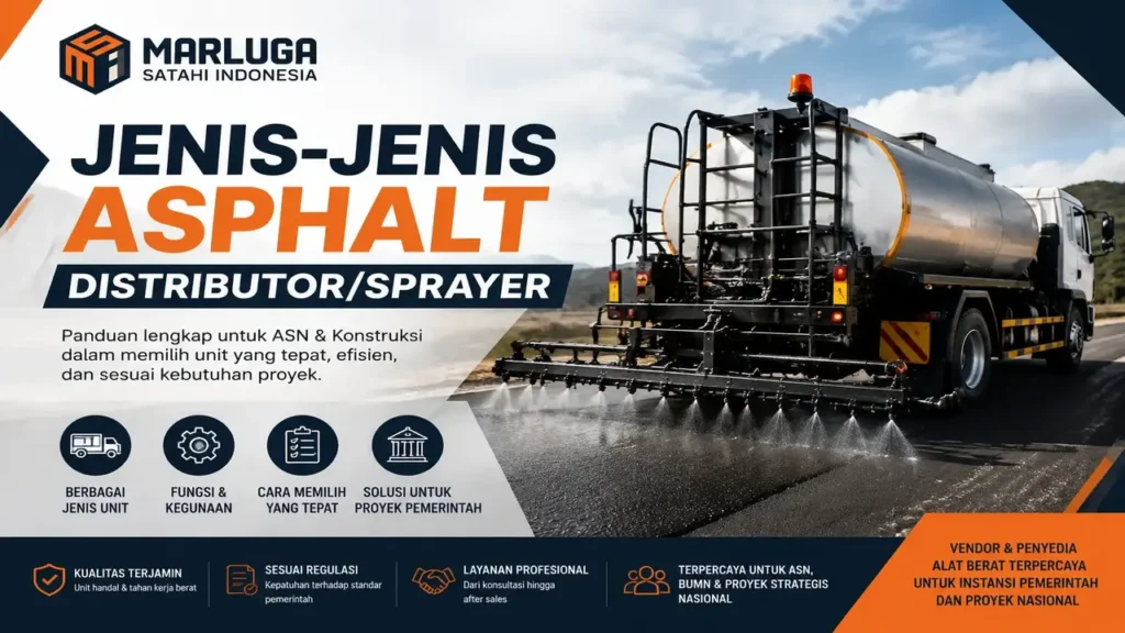 Jenis-jenis Asphalt Distributor/Sprayer' dengan logo Marluga Satahi Indonesia. Gambar menampilkan truk Asphalt Distributor yang sedang mengaspal jalan, dikelilingi oleh ikon-ikon yang menjelaskan berbagai fungsi, kegunaan, dan solusi untuk proyek pemerintah. Tampilan desain modern dengan warna oranye, biru, dan putih."