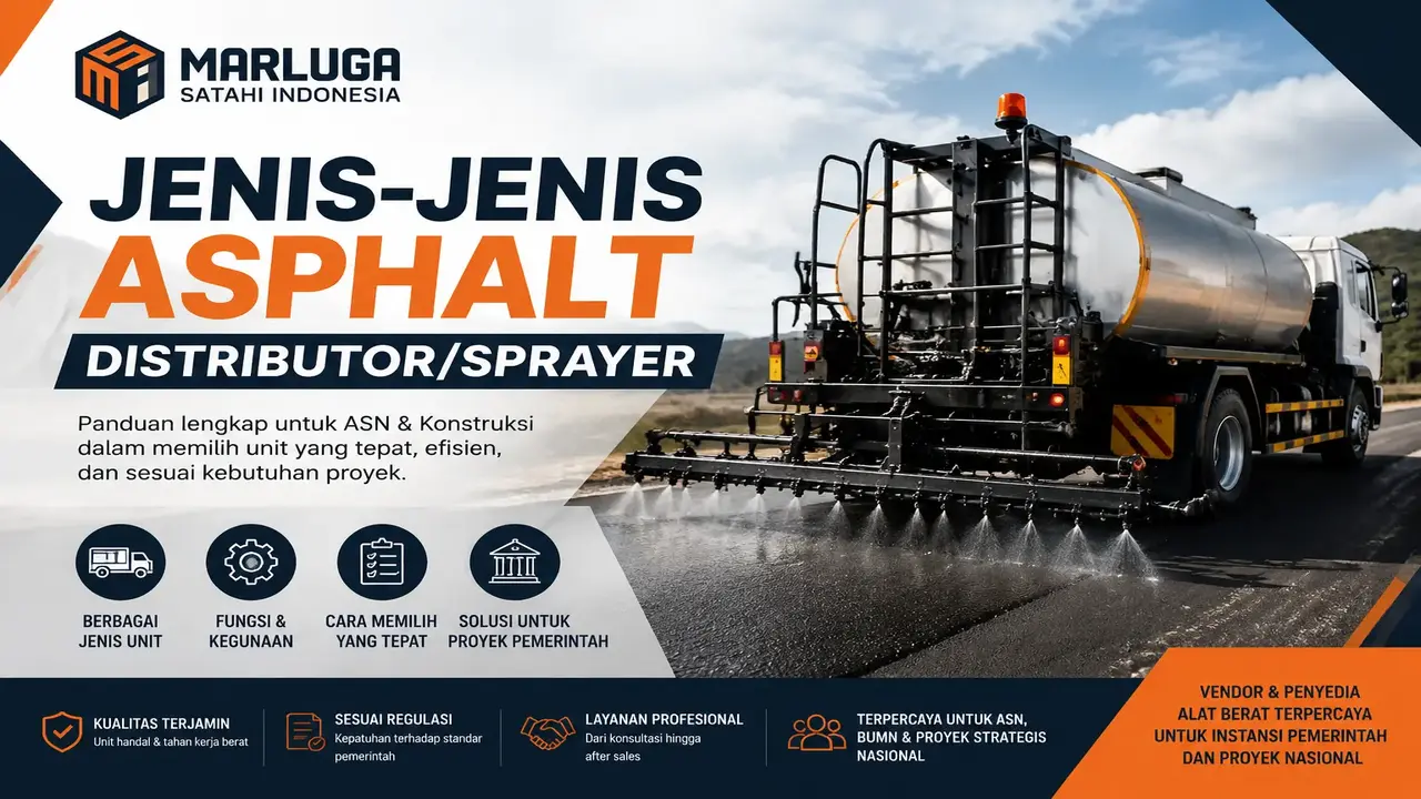 Jenis-jenis Asphalt Distributor/Sprayer' dengan logo Marluga Satahi Indonesia. Gambar menampilkan truk Asphalt Distributor yang sedang mengaspal jalan, dikelilingi oleh ikon-ikon yang menjelaskan berbagai fungsi, kegunaan, dan solusi untuk proyek pemerintah. Tampilan desain modern dengan warna oranye, biru, dan putih."
