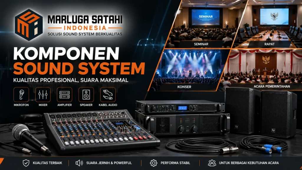 Komponen Sound System lengkap meliputi mikrofon, mixer audio, amplifier, speaker, equalizer, prosesor audio, dan kabel untuk menghasilkan suara yang jernih dan stabil.
