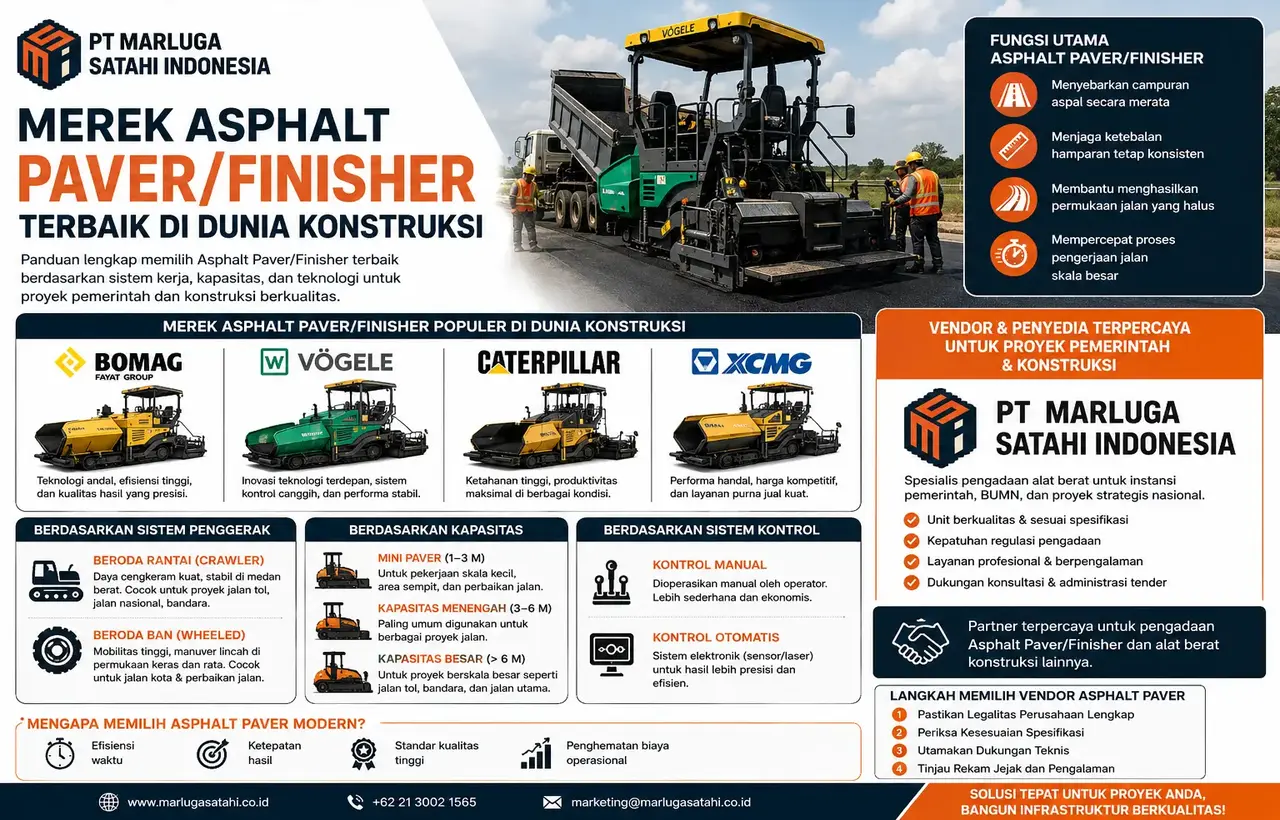 Infografis merek Asphalt Paver/Finisher terbaik di dunia konstruksi menampilkan BOMAG, Vögele, Caterpillar, dan XCMG lengkap dengan jenis paver, kapasitas, sistem kontrol, fungsi utama, serta profil PT Marluga Satahi Indonesia sebagai
