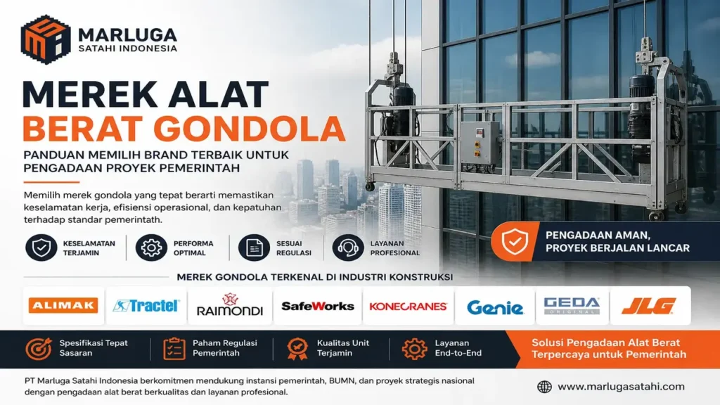 Merek alat berat gondola terbaik untuk proyek konstruksi dan pemerintah dengan ilustrasi gondola gedung tinggi dan logo PT Marluga Satahi Indonesia.