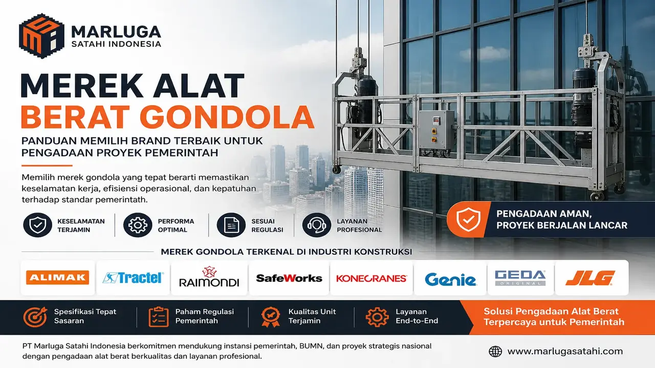 Merek alat berat gondola terbaik untuk proyek konstruksi dan pemerintah dengan ilustrasi gondola gedung tinggi dan logo PT Marluga Satahi Indonesia.
