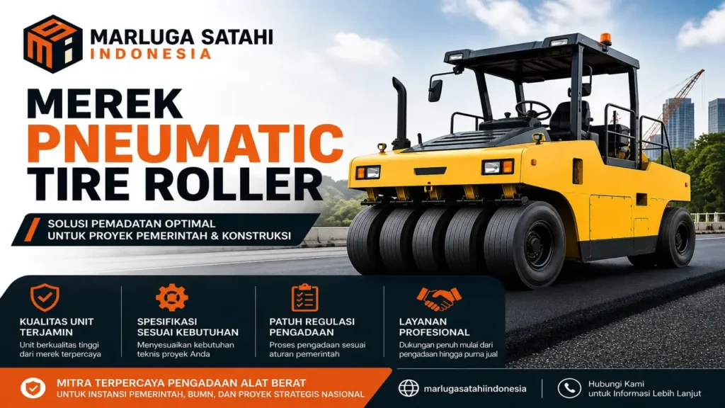 Marluga Satahi Indonesia menampilkan merek pneumatic tire roller untuk proyek konstruksi dan pemerintah dengan informasi layanan pengadaan alat berat profesional