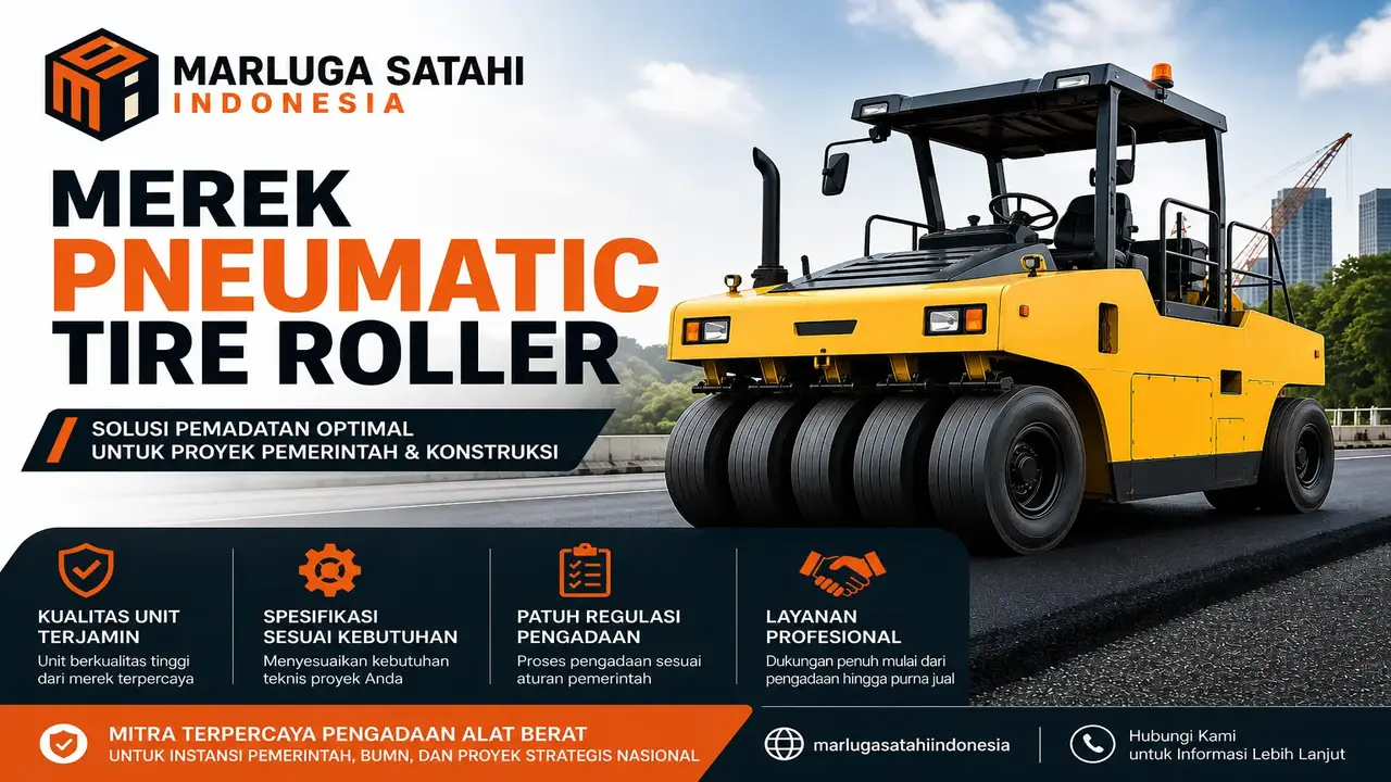 Marluga Satahi Indonesia menampilkan merek pneumatic tire roller untuk proyek konstruksi dan pemerintah dengan informasi layanan pengadaan alat berat profesional