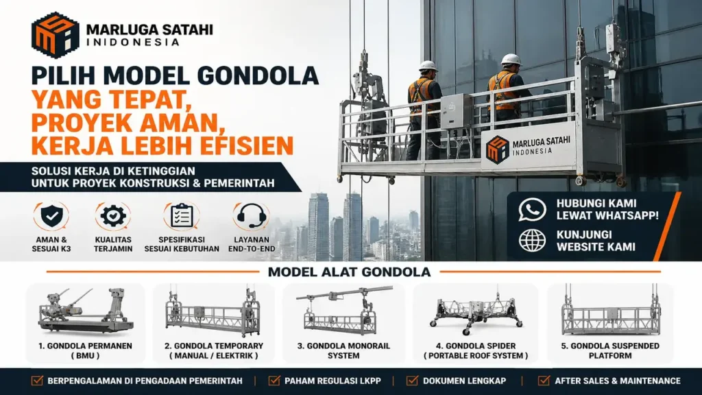 Model alat Gondola gedung tinggi untuk proyek konstruksi dan pemerintah oleh PT Marluga Satahi Indonesia dengan berbagai model dan fitur keselamatan.