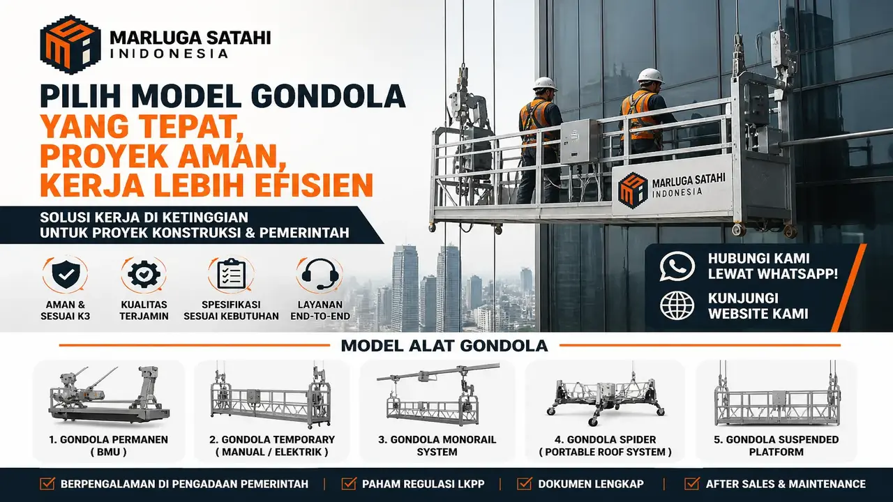 Model alat Gondola gedung tinggi untuk proyek konstruksi dan pemerintah oleh PT Marluga Satahi Indonesia dengan berbagai model dan fitur keselamatan.
