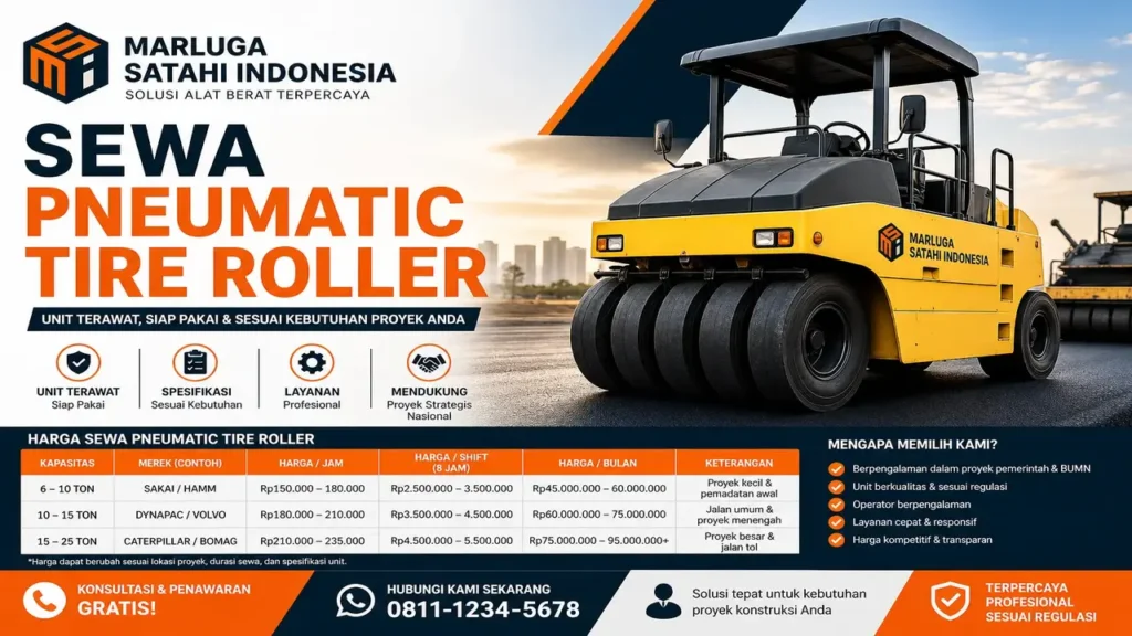 Sewa pneumatic tire roller Marluga Satahi Indonesia dengan spesifikasi lengkap dan harga sewa alat berat untuk proyek konstruksi dan pengadaan pemerintah