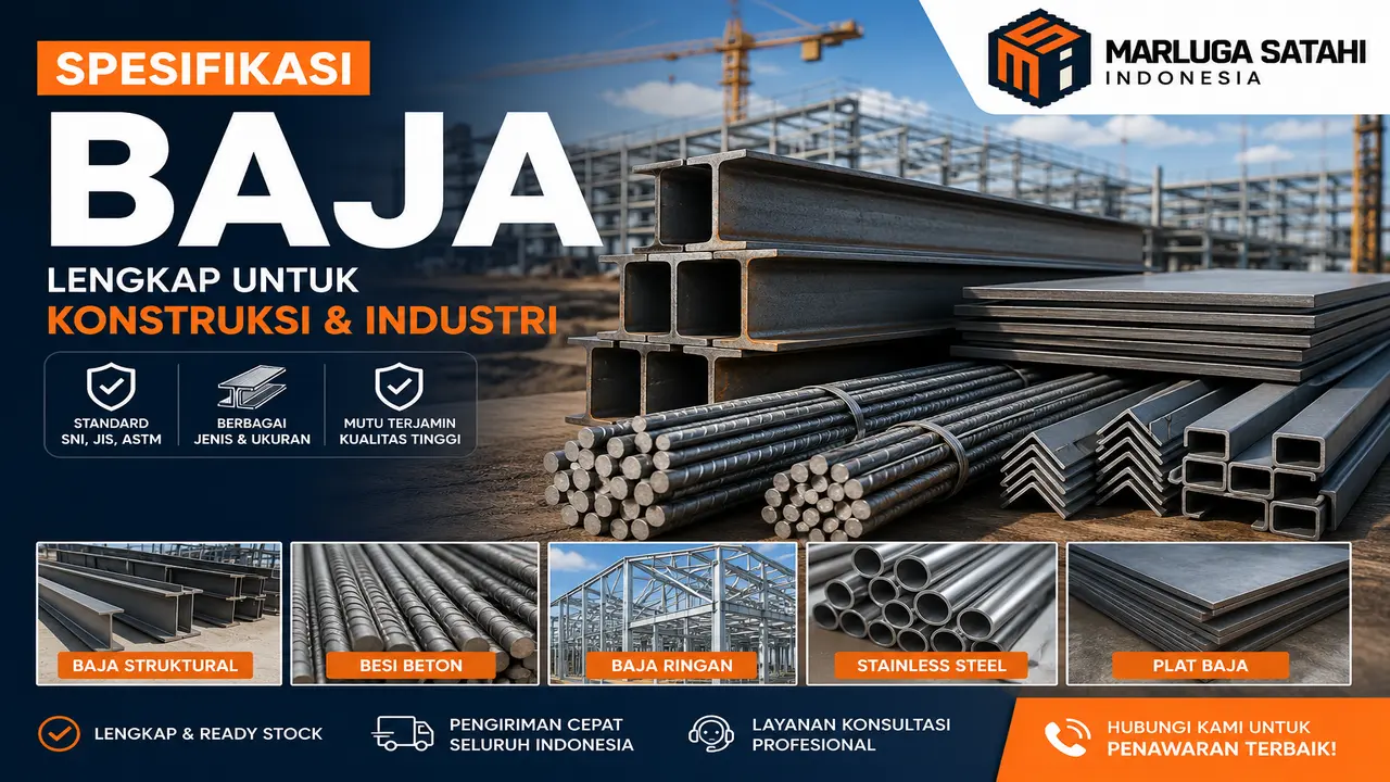 spesifikasi baja lengkap menampilkan material baja konstruksi seperti WF, besi beton, plat baja, dan profil baja dengan logo PT. Marluga Satahi Indonesia di area proyek konstruksi.