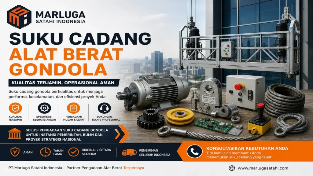 Suku cadang alat berat gondola berkualitas untuk proyek konstruksi dan pemerintah dengan ilustrasi spare part dan logo PT Marluga Satahi Indonesia.