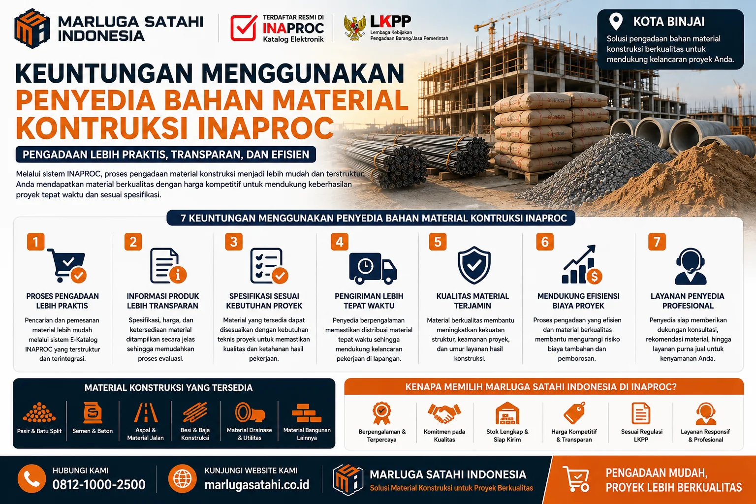 Infografis Keuntungan Menggunakan Penyedia Bahan Material Konstruksi Inaproc yang menampilkan proses pengadaan material konstruksi lebih praktis, transparan, dan efisien untuk proyek infrastruktur.
