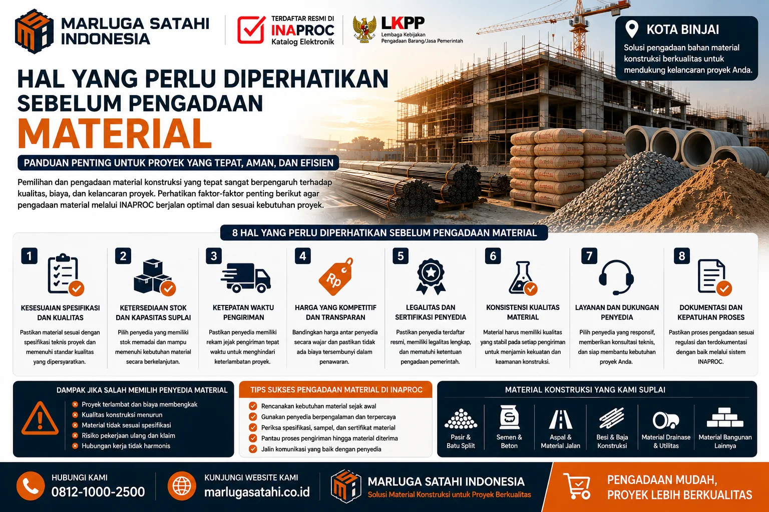 Poster Hal yang Perlu Diperhatikan Sebelum Pengadaan Material konstruksi meliputi spesifikasi, kualitas, ketersediaan stok, legalitas penyedia, dan ketepatan pengiriman proyek.