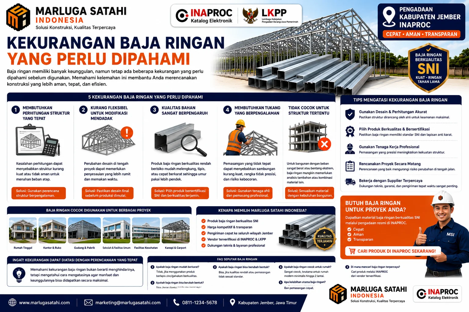Poster edukasi Kekurangan Baja Ringan yang Perlu Dipahami pada proyek rumah, gudang, kantor, dan fasilitas umum, disertai rekomendasi penggunaan produk baja ringan bersertifikat SNI serta vendor terpercaya di INAPROC.