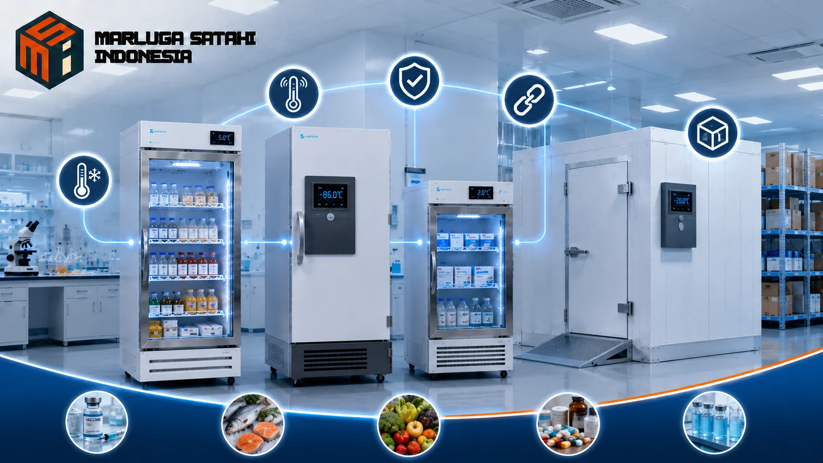 Mesin pendingin laboratorium dan cold room dengan komponen utama sistem pendinginan seperti kompresor, kondensor, katup ekspansi, evaporator, dan refrigeran.