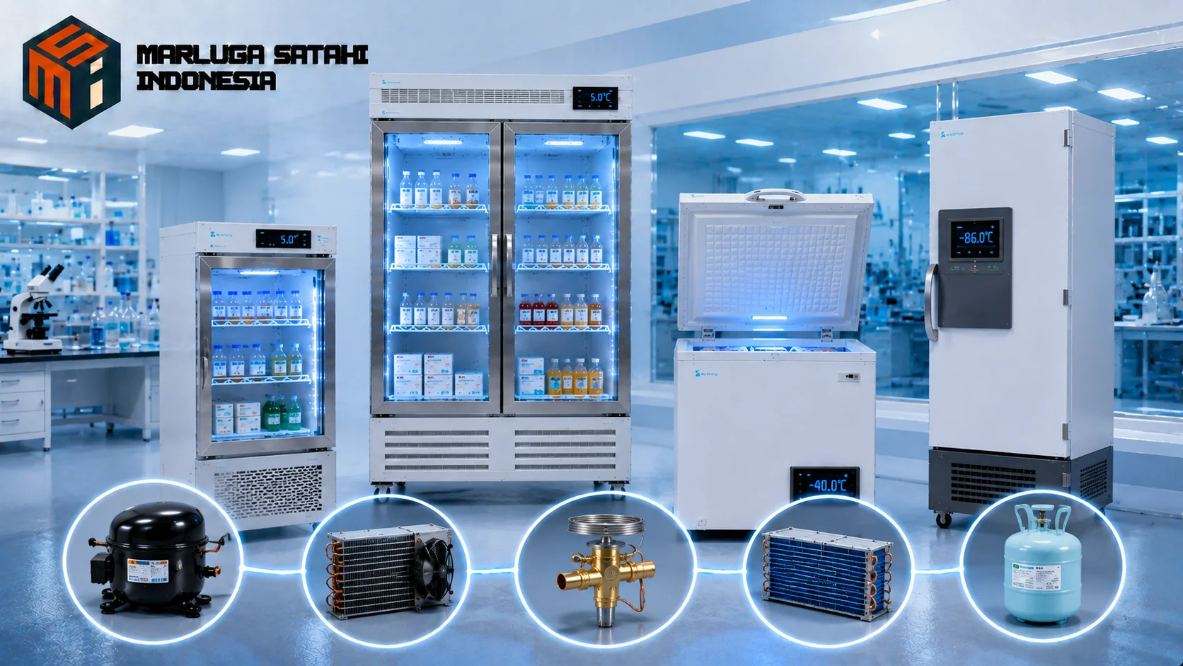 Unit freezer, refrigerator, dan cold storage menampilkan komponen utama sistem pendinginan dalam lingkungan laboratorium modern.