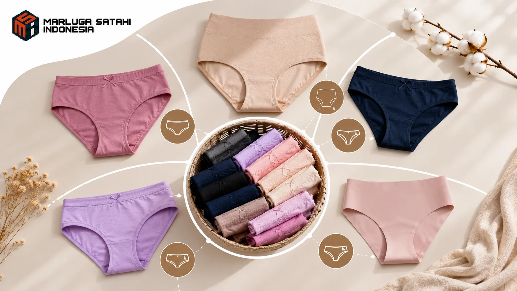 Berbagai jenis celana dalam perempuan seperti brief, bikini, hipster, seamless, dan high waist dengan logo MARLUGA SATAHI INDONESIA.