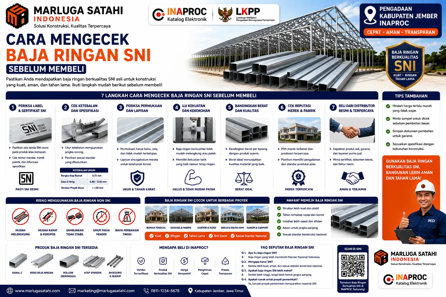 Poster edukasi Cara Mengecek Baja Ringan SNI Sebelum Membeli menampilkan proses verifikasi baja ringan SNI asli, mulai dari cek label, ketebalan, kualitas lapisan zinc/galvalum, hingga memilih supplier resmi dan terpercaya.