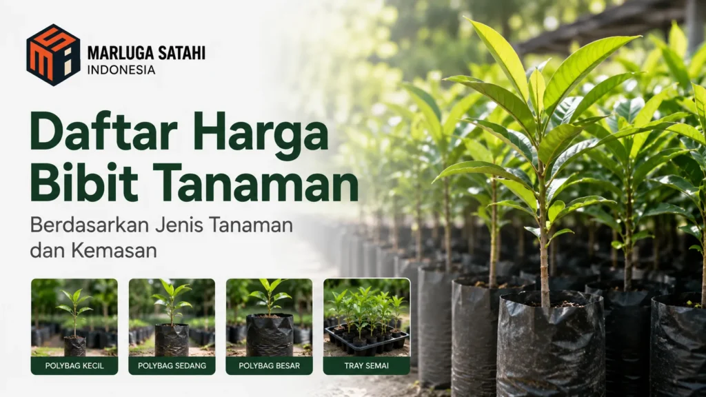 Deretan bibit tanaman hijau subur dalam polibag hitam, dilengkapi empat foto kecil pilihan kemasan di bawah: Polybag Kecil, Polybag Sedang, Polybag Besar, dan Tray Semai. Terdapat logo Marluga Satahi Indonesia serta teks Daftar Harga Bibit Tanaman Berdasarkan Jenis Tanaman dan Kemasan.