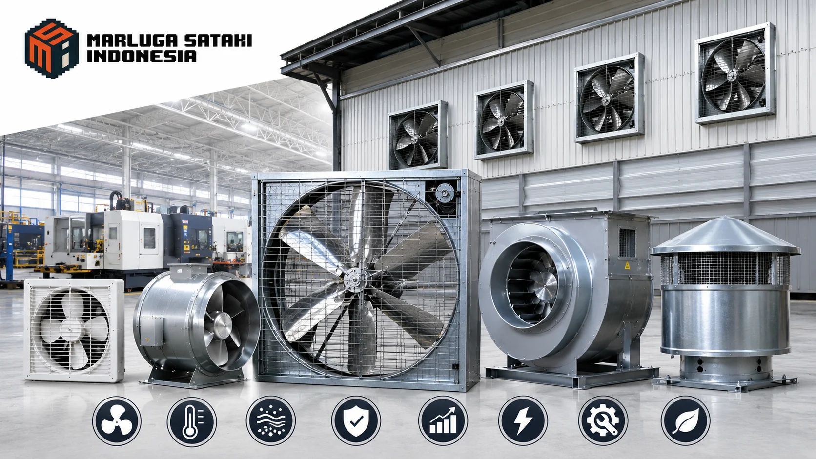 Sistem ventilasi pabrik dengan exhaust fan industri, centrifugal fan, dan perencanaan teknis untuk menjaga kualitas udara area produksi.