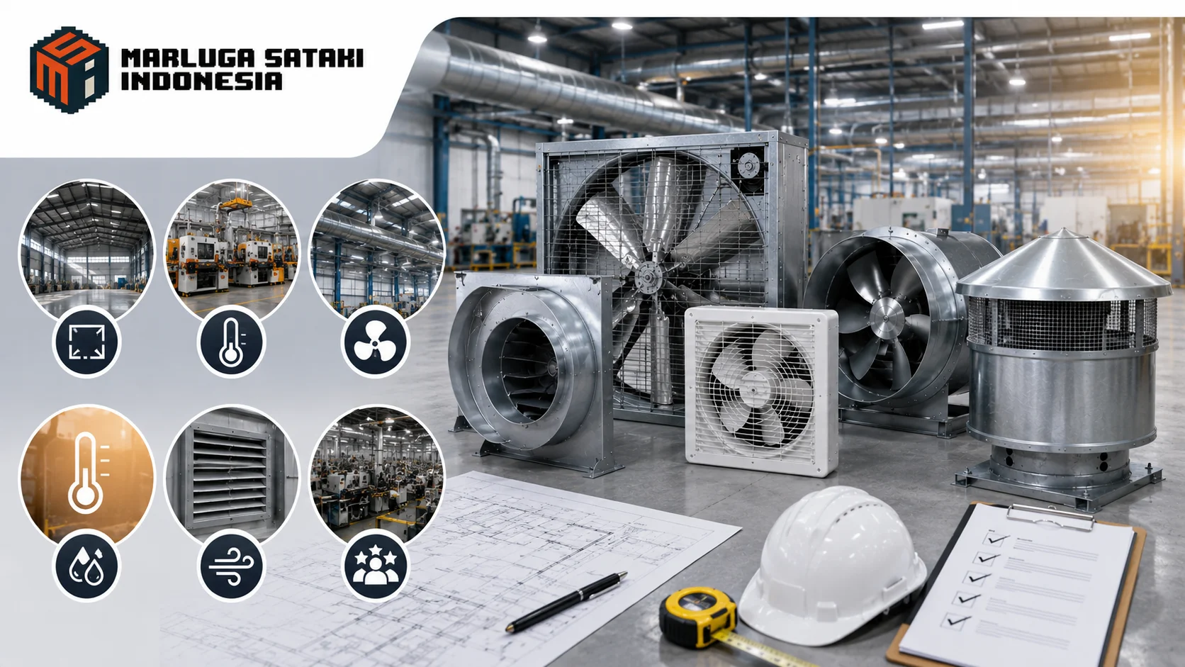 Instalasi ventilasi industri dengan exhaust fan heavy duty pada lingkungan pabrik modern untuk mendukung kenyamanan dan produktivitas kerja.