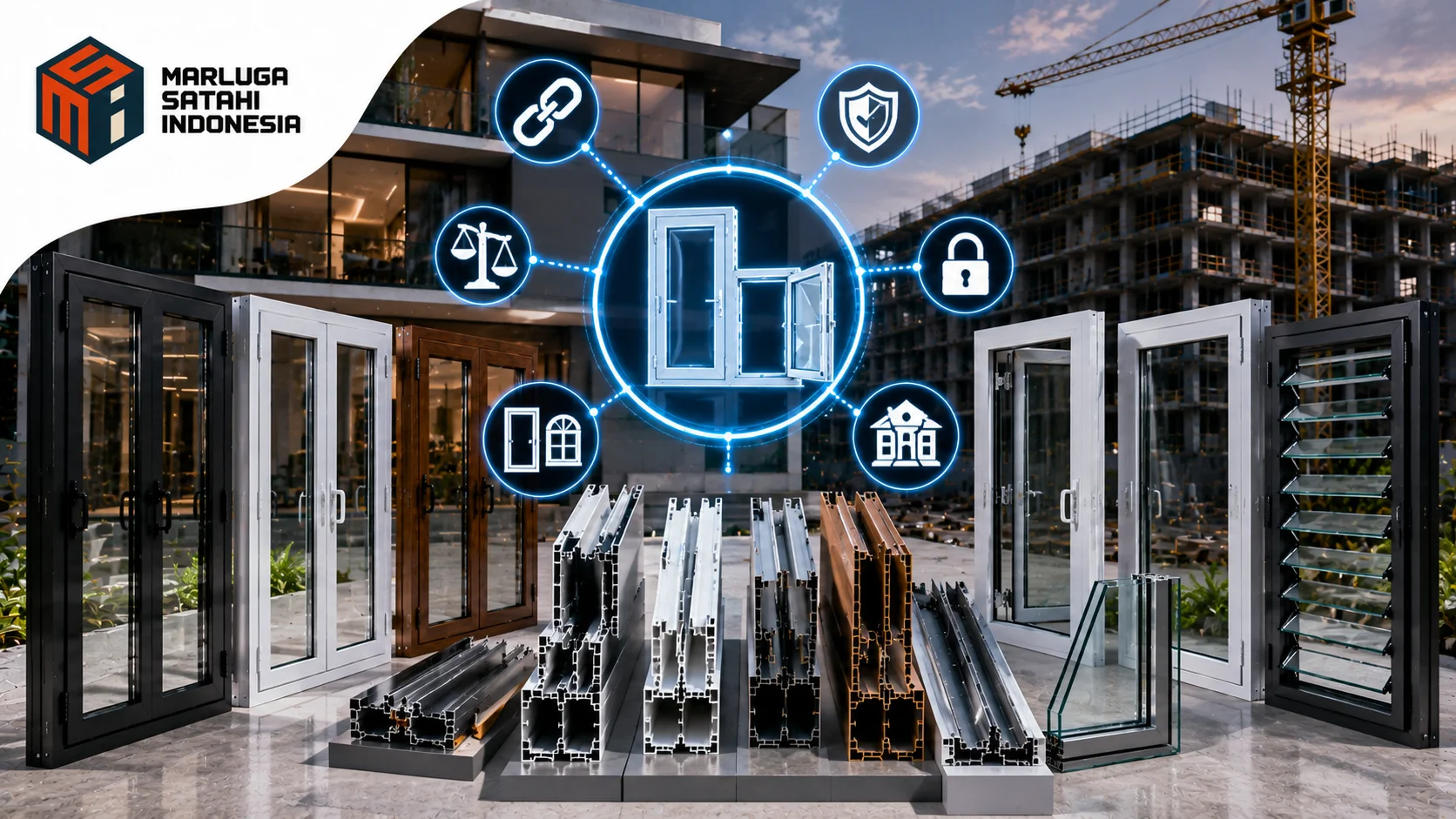 Beragam jenis material kusen konstruksi seperti kayu, aluminium, UPVC, dan baja dipajang lengkap dengan potongan profil, handle, engsel, dan contoh aplikasi pada proyek gedung.