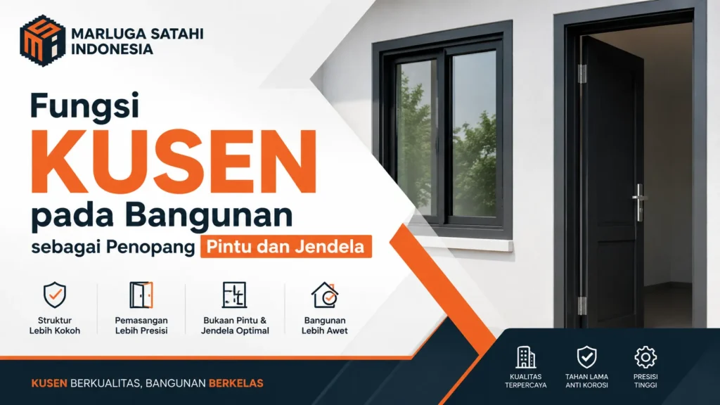 Banner digital Marluga Satahi Indonesia tentang fungsi kusen pada bangunan berkualitas dengan keunggulan struktur kokoh, pemasangan presisi, tahan lama anti korosi, dan bukaan optimal.