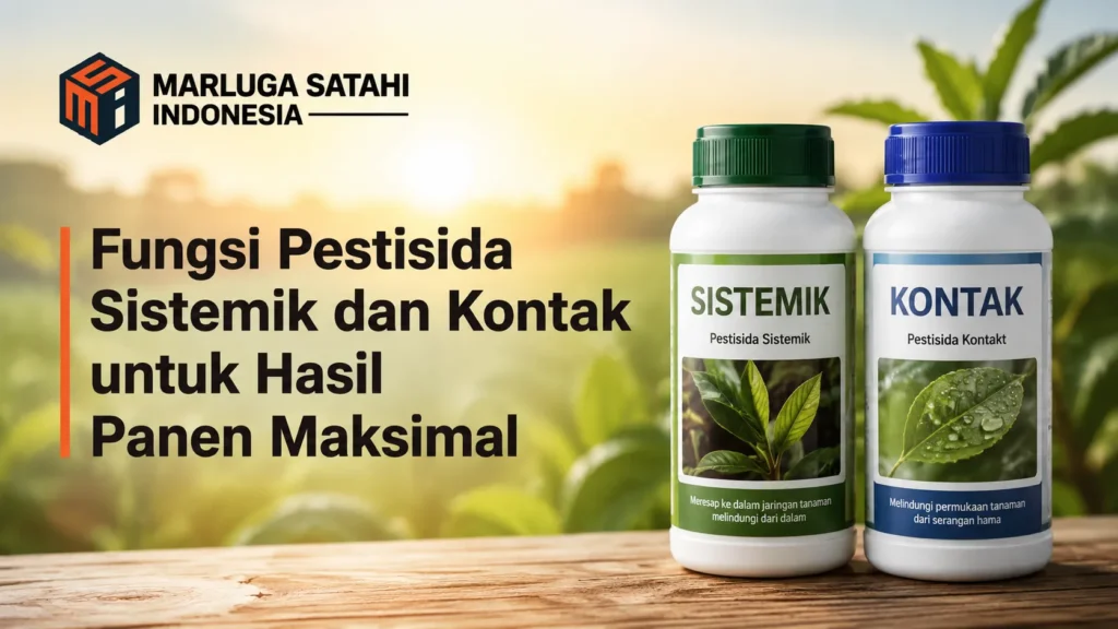 Banner edukasi Fungsi Pestisida Sistemik dan Kontak untuk Hasil Panen Maksimal dari Marluga Satahi Indonesia, menampilkan dua botol produk pestisida pertanian di atas meja kayu.