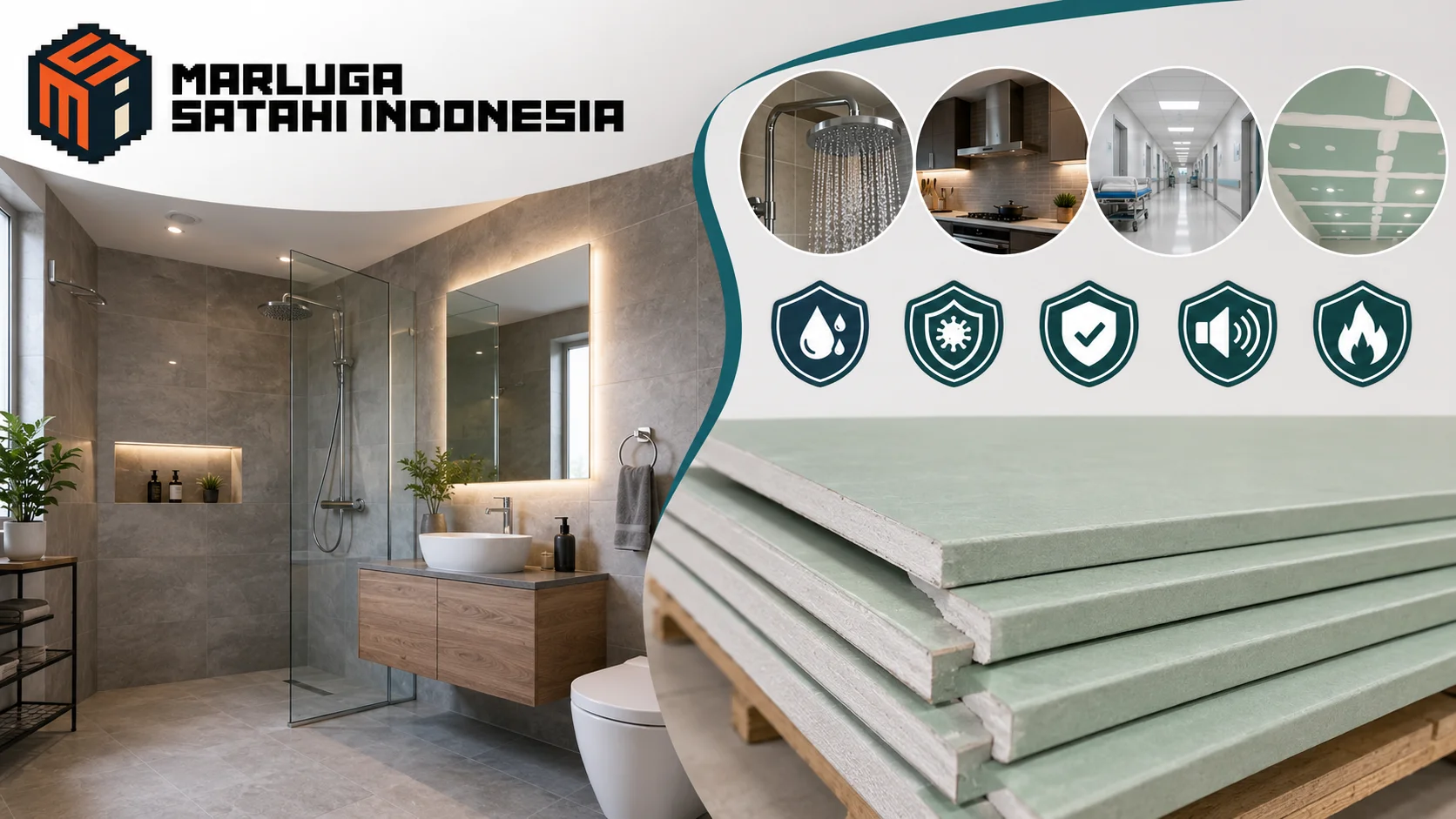 Gypsum board tahan air untuk area lembap seperti kamar mandi, dapur, rumah sakit, dan plafon bangunan komersial.