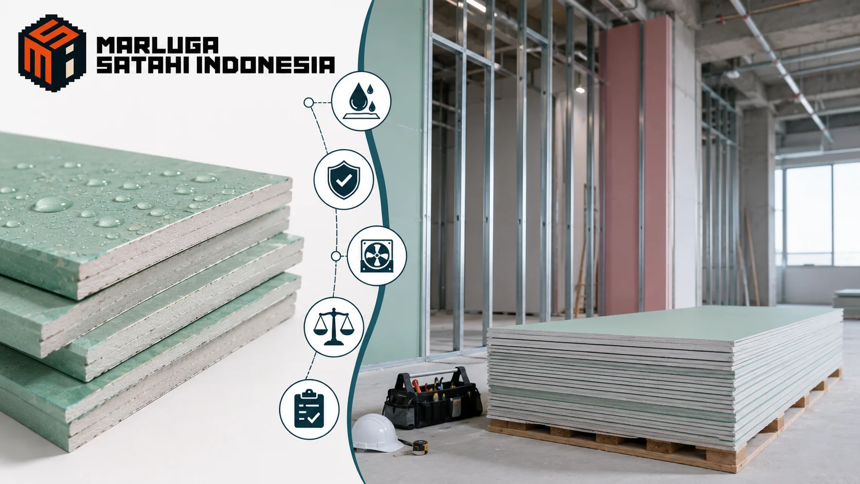 Gypsum board tahan air pada proyek konstruksi dengan fokus ketahanan terhadap kelembapan dan kualitas material.