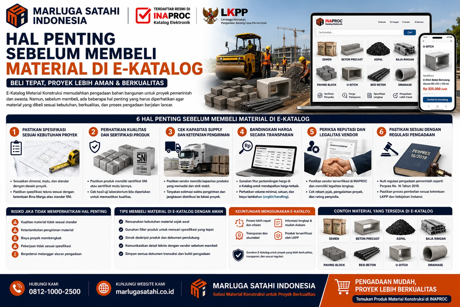 Panduan Hal Penting Sebelum Membeli Material di E-Katalog dengan ilustrasi material konstruksi, platform INAPROC, dan proyek pembangunan yang menyoroti pentingnya spesifikasi produk, sertifikasi SNI, ketersediaan stok, serta reputasi penyedia.