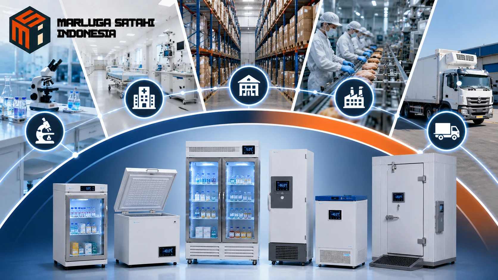 Refrigerator laboratorium, freezer, dan cold room industri dalam satu tampilan modern untuk evaluasi pengadaan mesin pendingin.