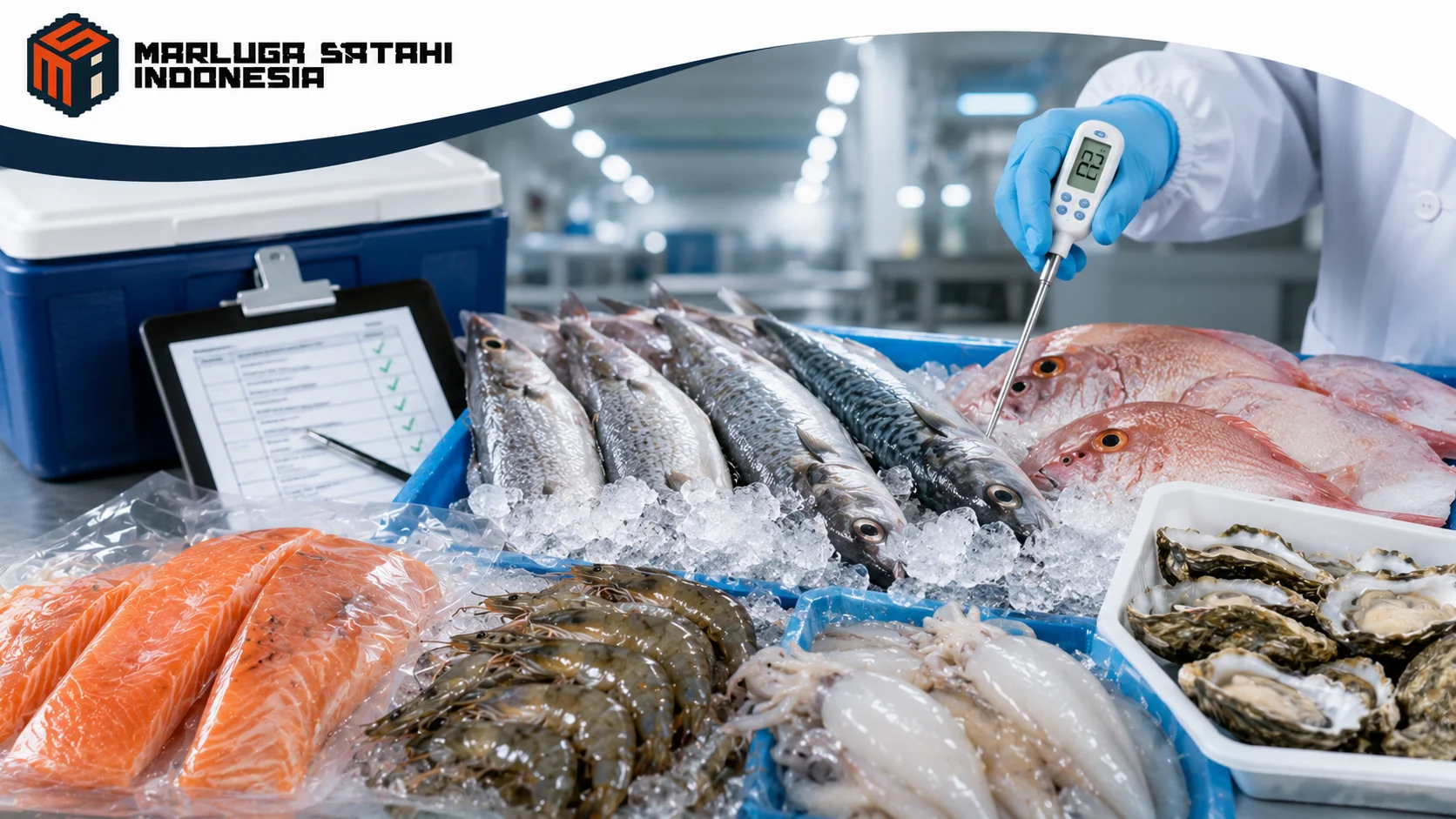 Pemeriksaan kualitas produk perikanan menggunakan termometer digital pada ikan segar yang disimpan di atas es bersama udang, cumi, tiram, dan fillet ikan dalam fasilitas rantai dingin.