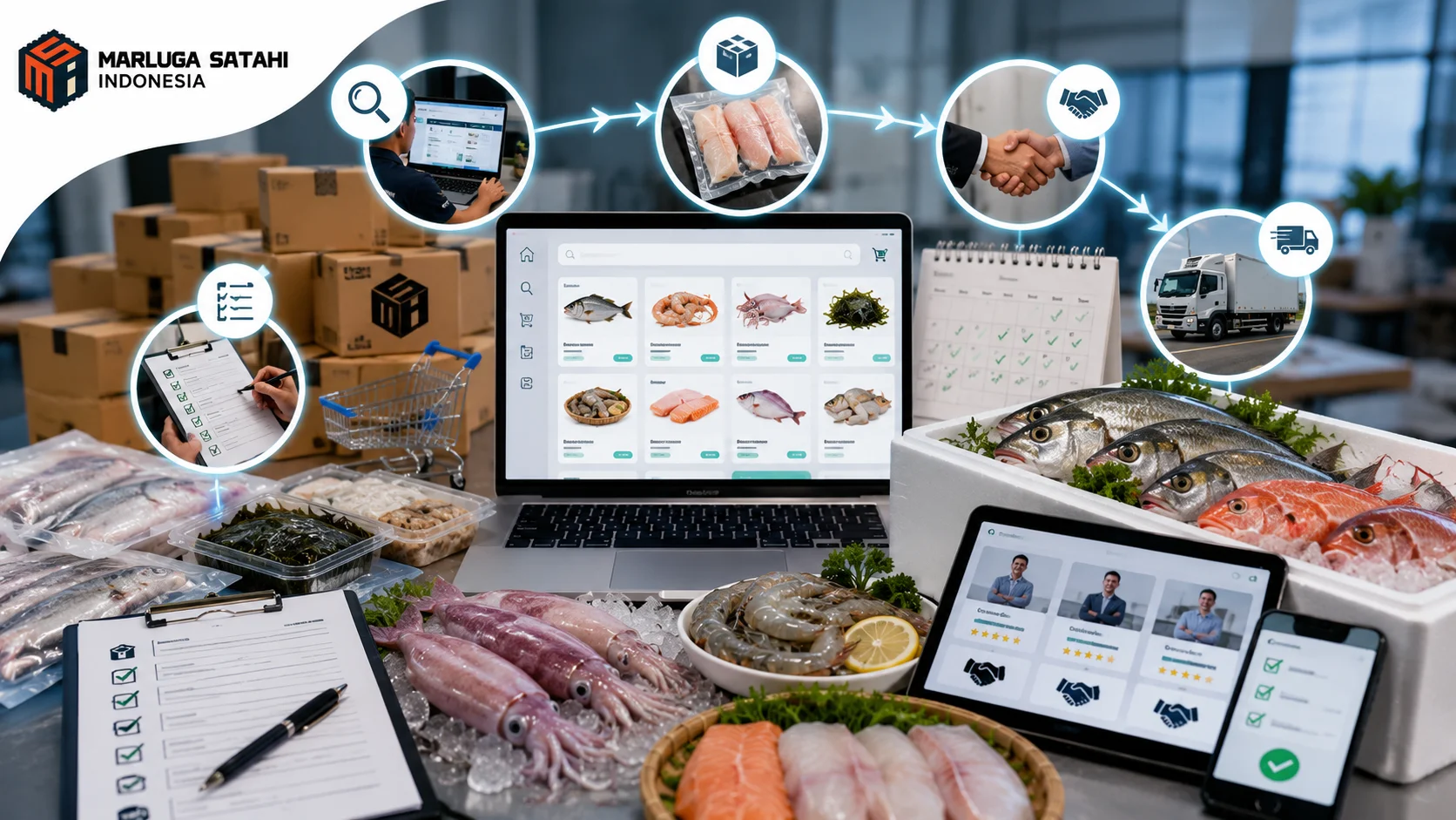 Laptop menampilkan katalog digital INAPROC dengan berbagai produk hasil kelautan dan perikanan seperti ikan segar, udang, cumi, salmon, dan rumput laut dari penyedia MARLUGA SATAHI INDONESIA.