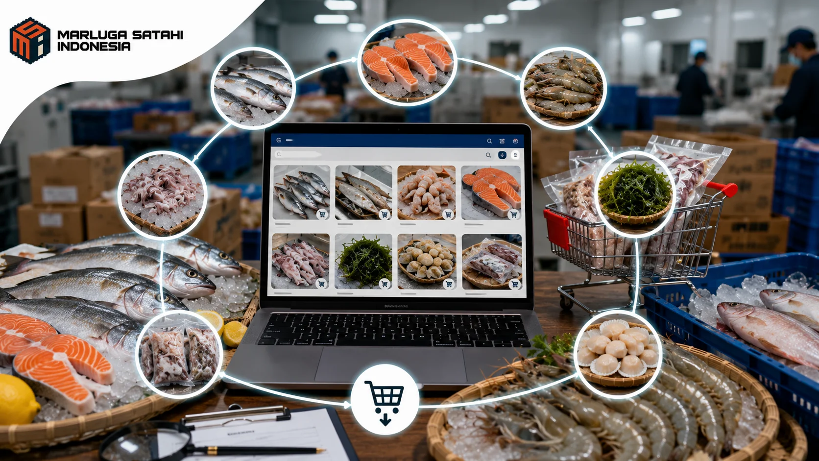 Ilustrasi proses pencarian produk seafood di katalog INAPROC dengan tampilan laptop, berbagai hasil kelautan segar, ikon pencarian, serta logo MARLUGA SATAHI INDONESIA.