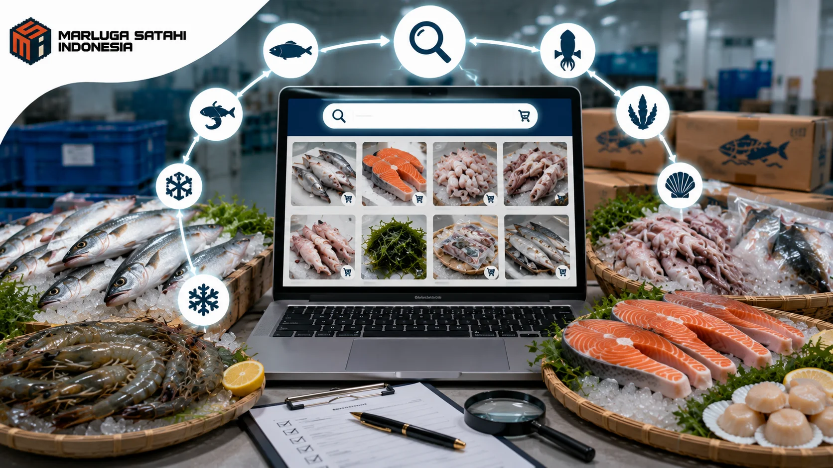 Banner pengadaan hasil kelautan dan perikanan memperlihatkan pencarian produk menggunakan kata kunci pada katalog INAPROC dengan aneka seafood berkualitas dan logo MARLUGA SATAHI INDONESIA.