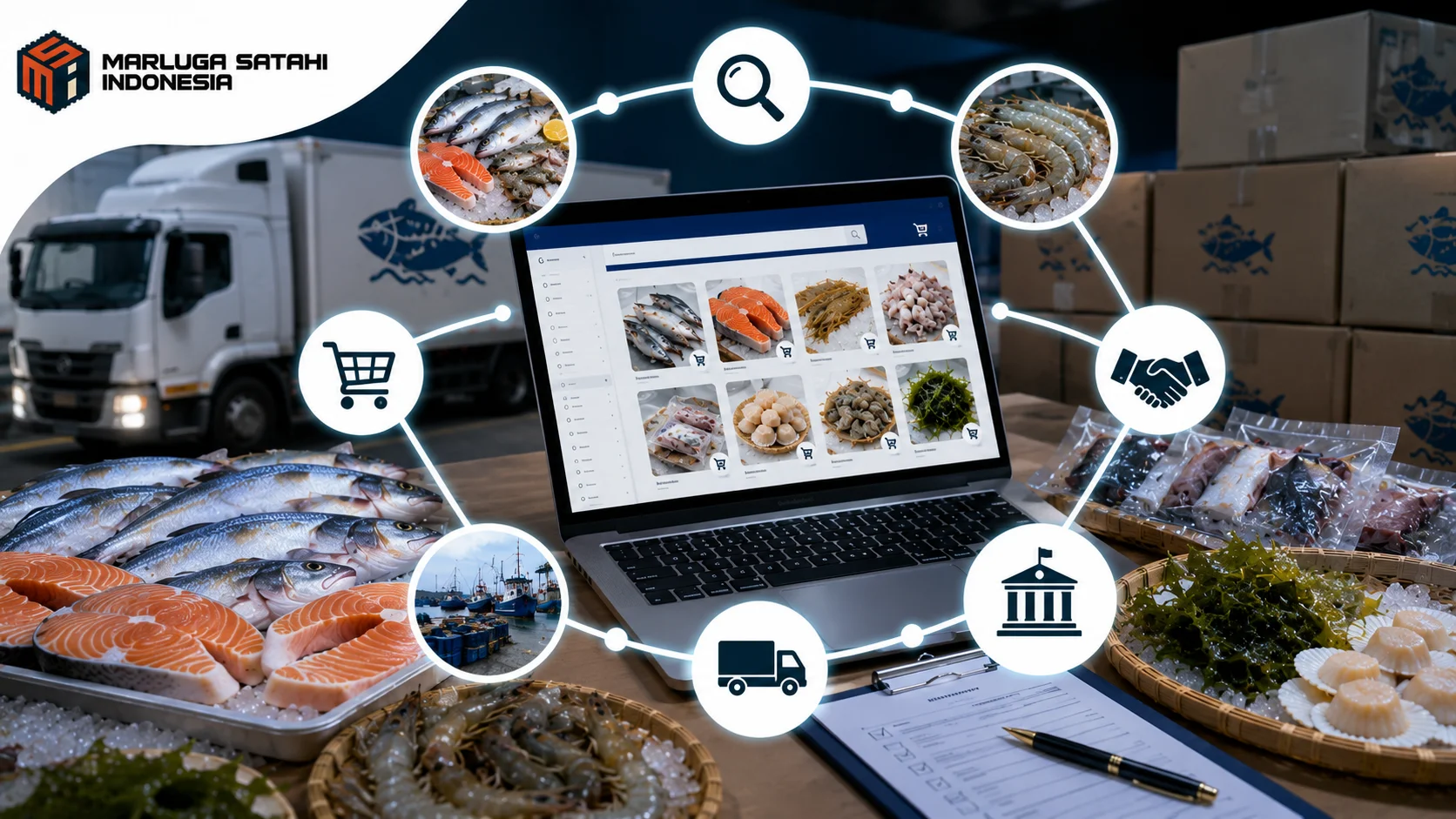 Pengadaan hasil kelautan dan perikanan melalui INAPROC dengan katalog digital, produk seafood segar, serta proses pencarian penyedia resmi.
