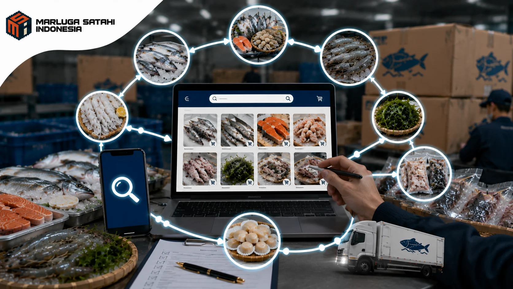 Tampilan platform INAPROC untuk menemukan penyedia hasil kelautan dan perikanan dengan berbagai produk seafood dan alur pengadaan digital.