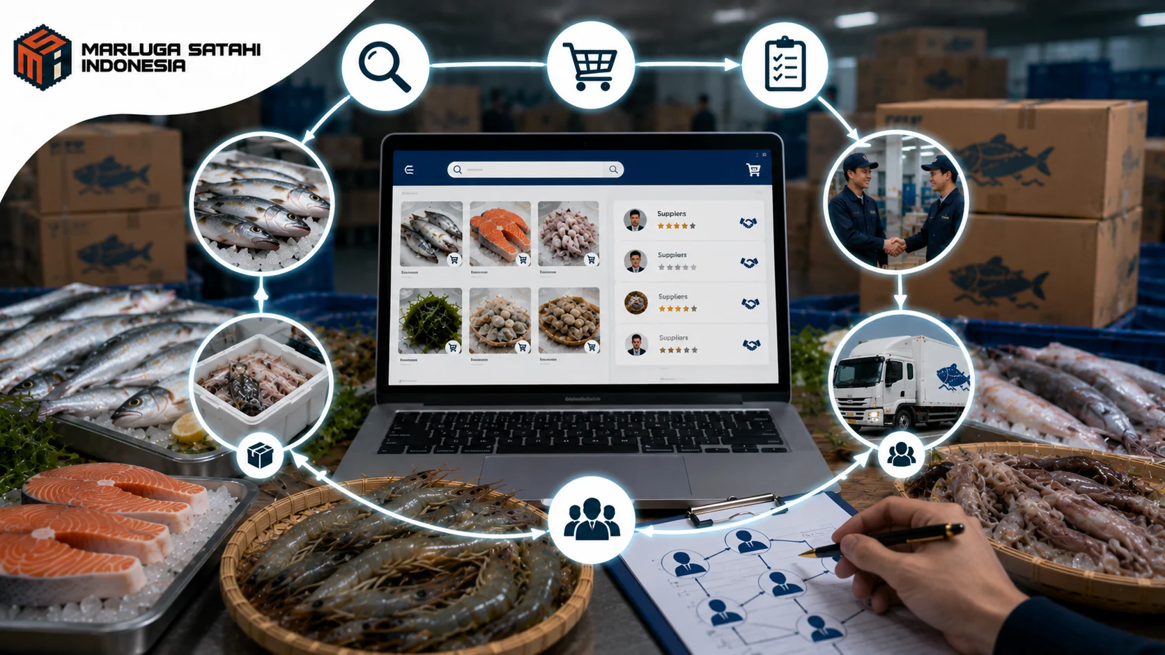 Proses pencarian penyedia produk hasil kelautan dan perikanan melalui katalog elektronik INAPROC dengan produk ikan, udang, cumi, dan rumput laut.