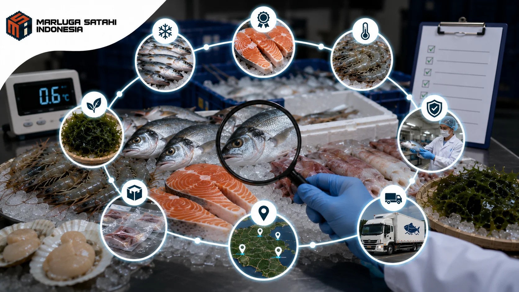Proses pengendalian mutu hasil kelautan dan perikanan dengan inspeksi kualitas, cold chain, serta standar keamanan pangan untuk pengadaan INAPROC.