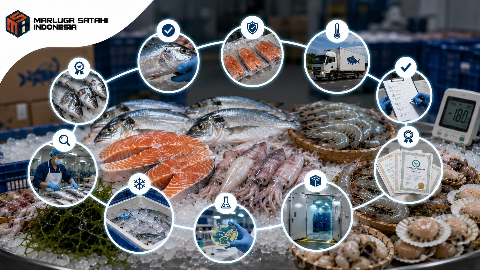 Proses menemukan komoditas hasil kelautan dan perikanan melalui sistem INAPROC dengan katalog digital, pencarian produk, dan distribusi oleh Marluga Satahi Indonesia.