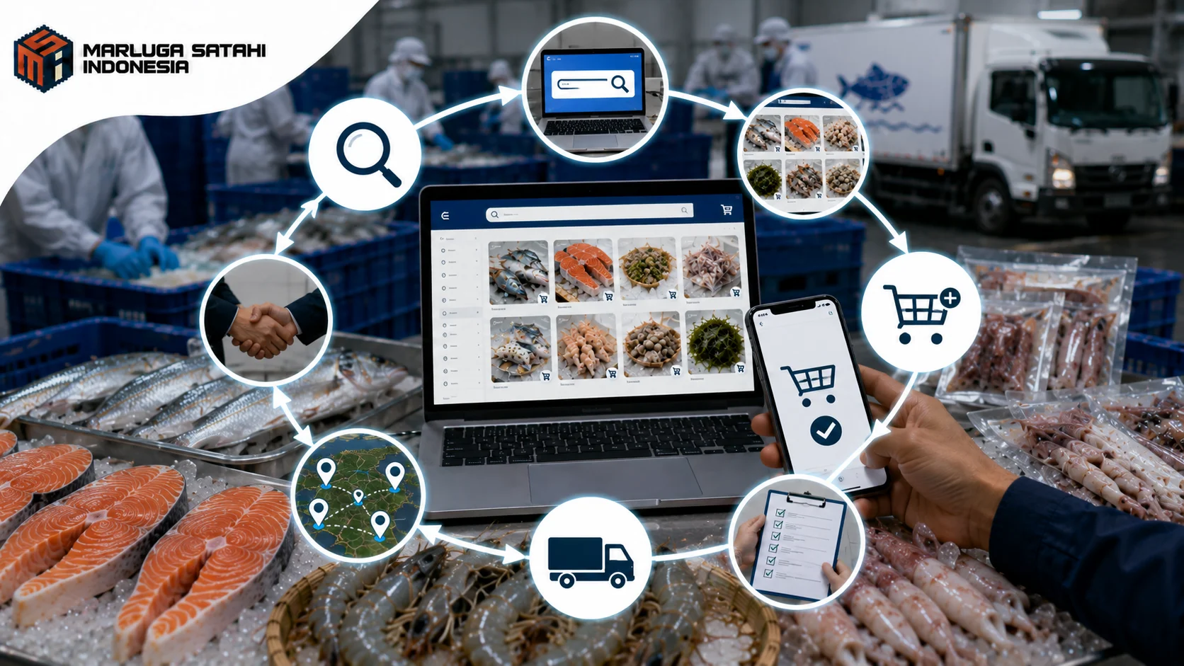 Akses pengadaan komoditas perikanan di INAPROC melalui katalog elektronik dengan produk hasil laut, fitur pencarian, dan pengiriman berpendingin dari Marluga Satahi Indonesia.