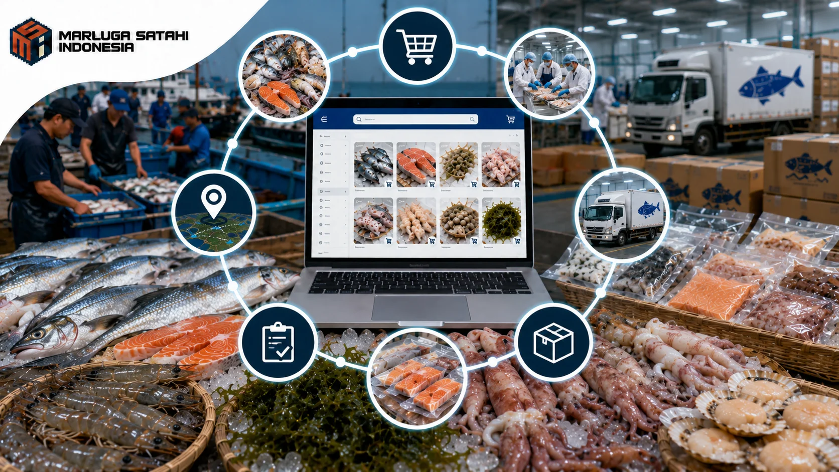 Produk hasil kelautan dan perikanan segar dalam sistem pengadaan INAPROC dengan proses distribusi, logistik, dan katalog digital Marluga Satahi Indonesia.