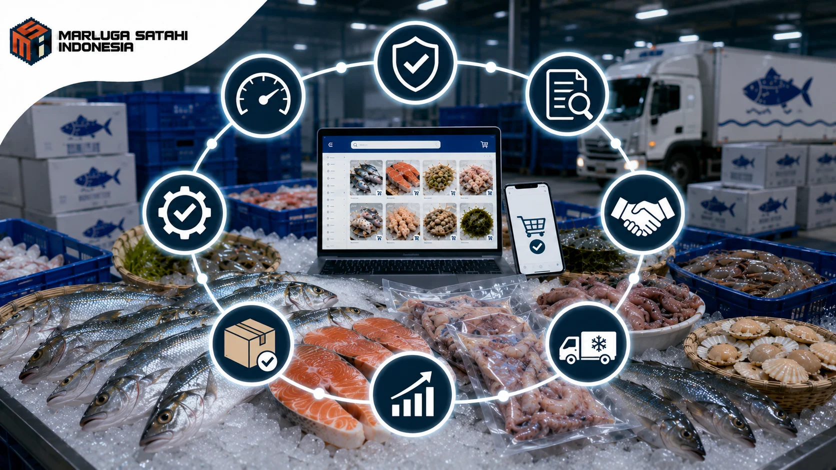 Banner pengadaan hasil laut dan perikanan melalui INAPROC menampilkan produk seafood segar, rantai distribusi, serta dukungan logistik Marluga Satahi Indonesia.